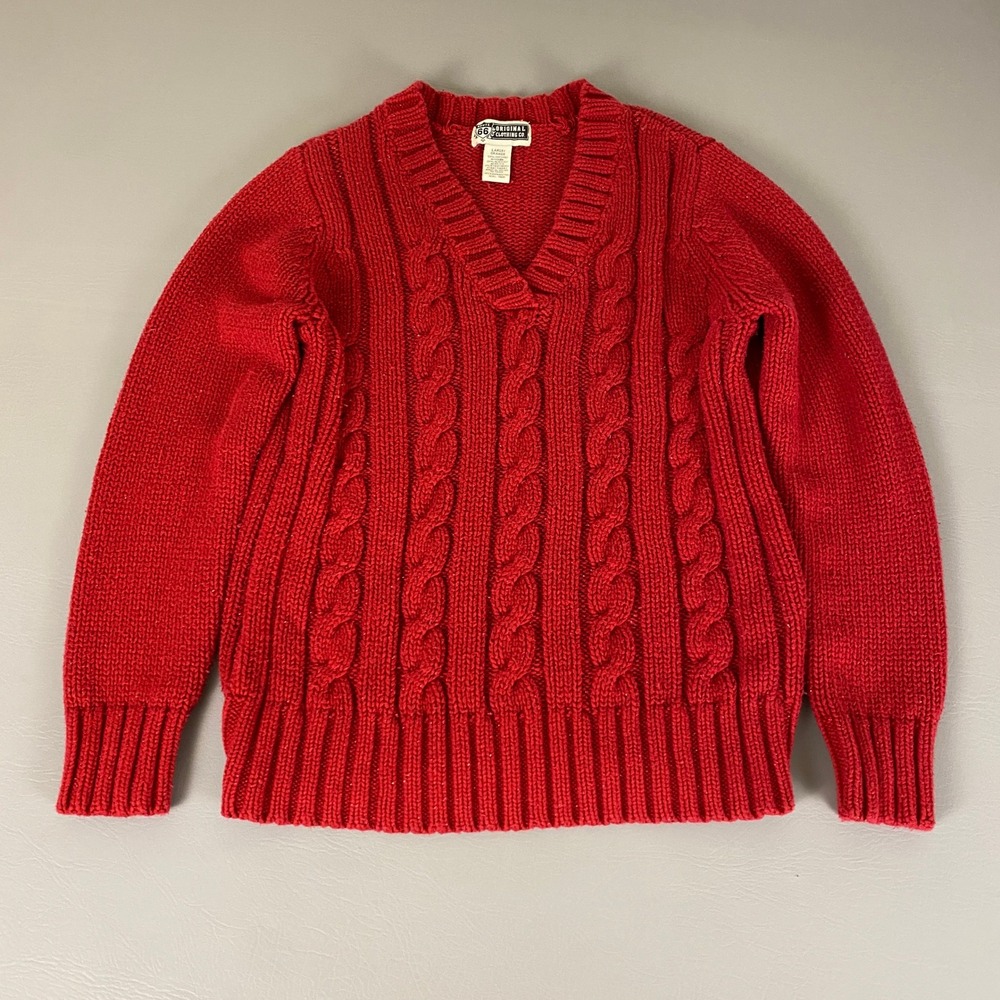Route 66 Co Cable Knit Sweater Women's Large Red Sparkle V-Neck Cotton Christmas